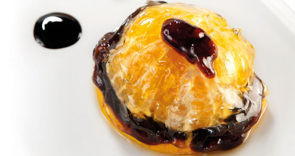 Aspic d’arance con cuore al Porto e spuma all’Aceto Balsamico di Modena IGP