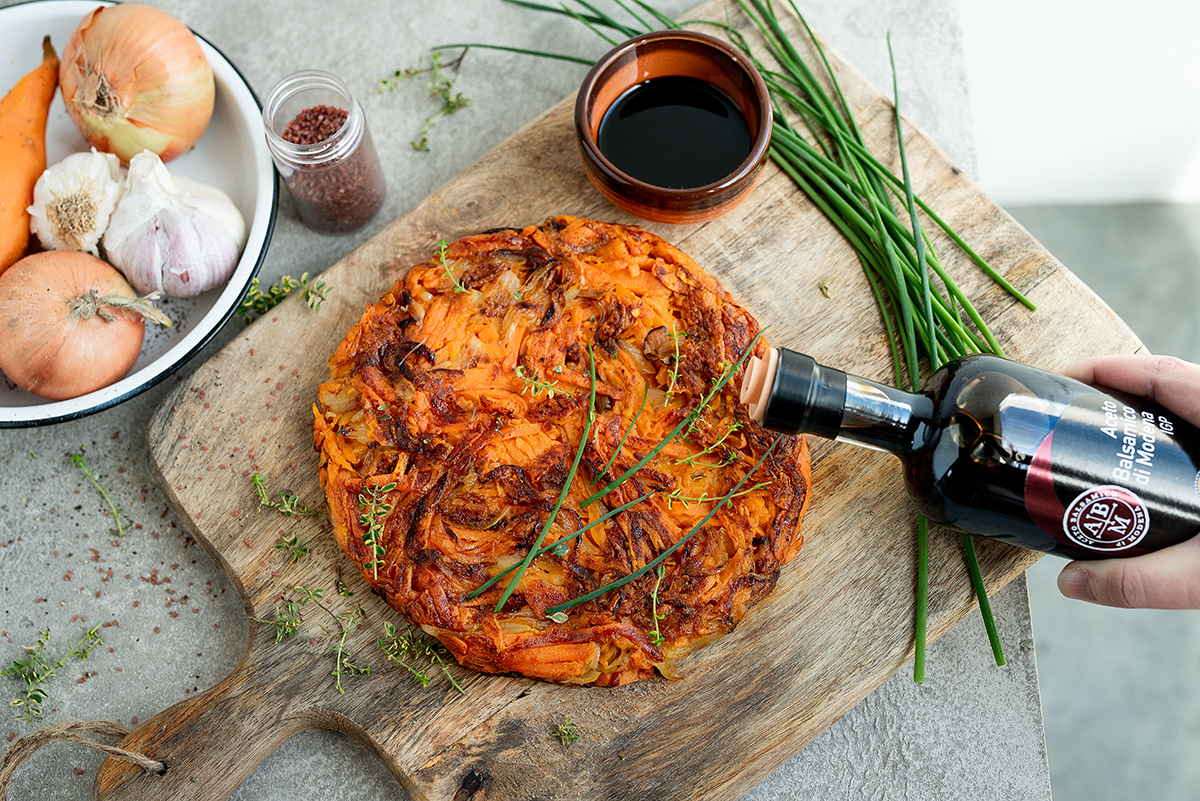 Tortilla di patate dolci, cipolla e emmentaler all’Aceto Balsamico di Modena IGP