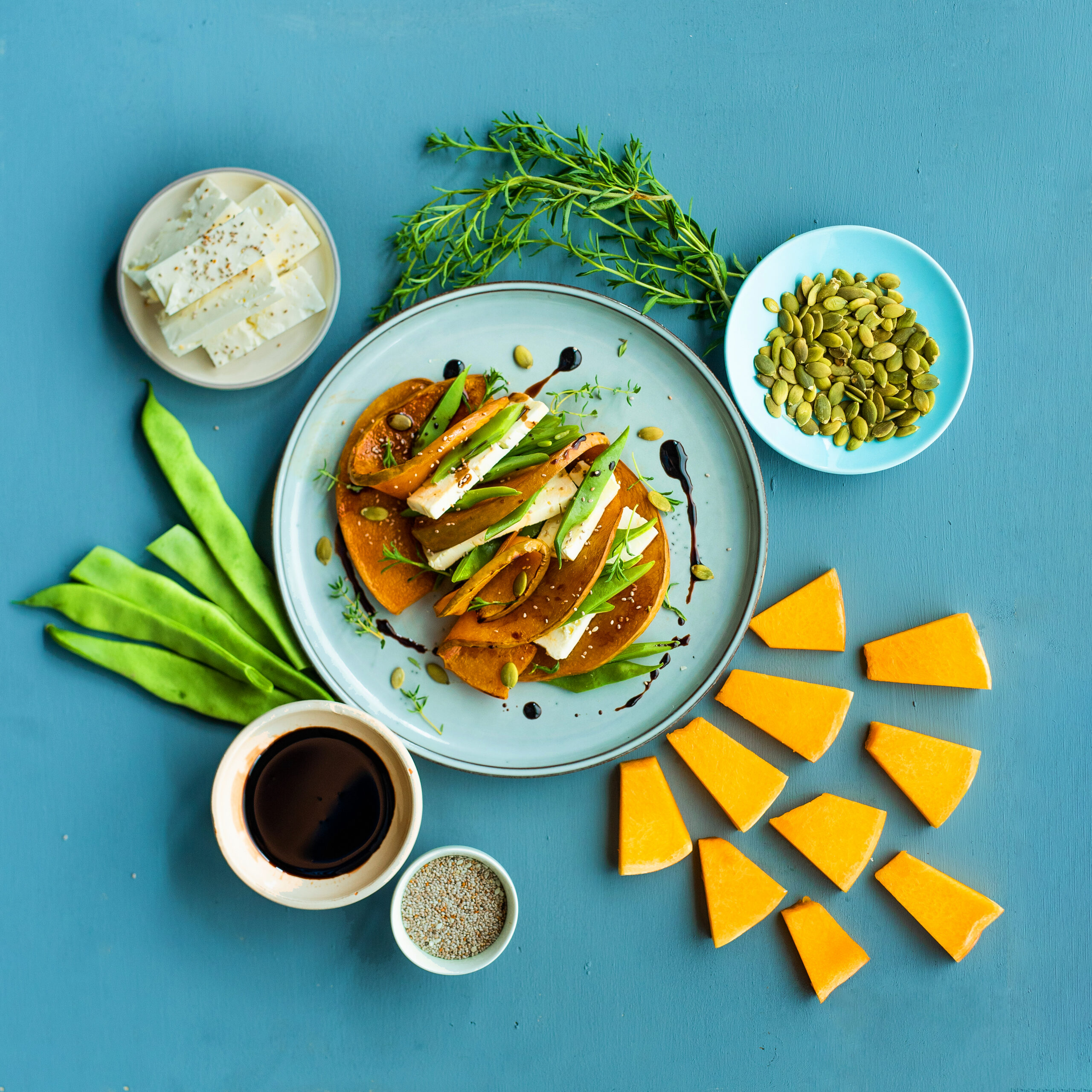 Zucca caramellata all’Aceto Balsamico di Modena IGP, fagioli piattoni e feta